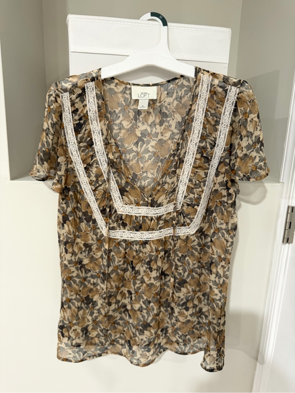 LOFT Brown Multi Floral Lace-Trim Sheer Blouse - size M